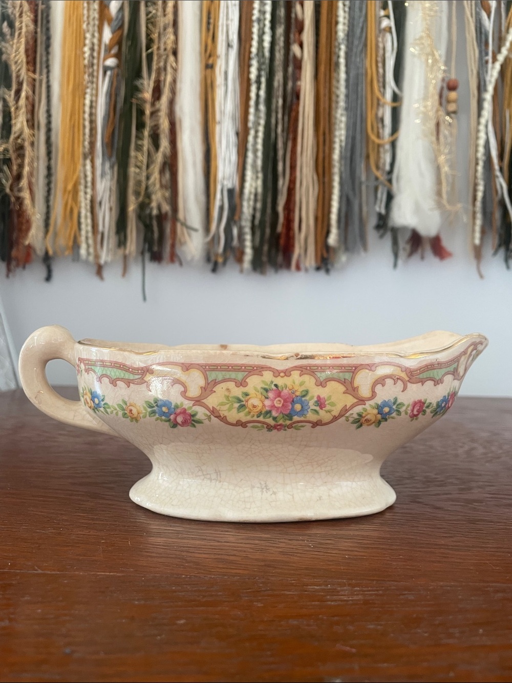 Vintage Floral Ceramic Gravy Boat - very old and worn - antique